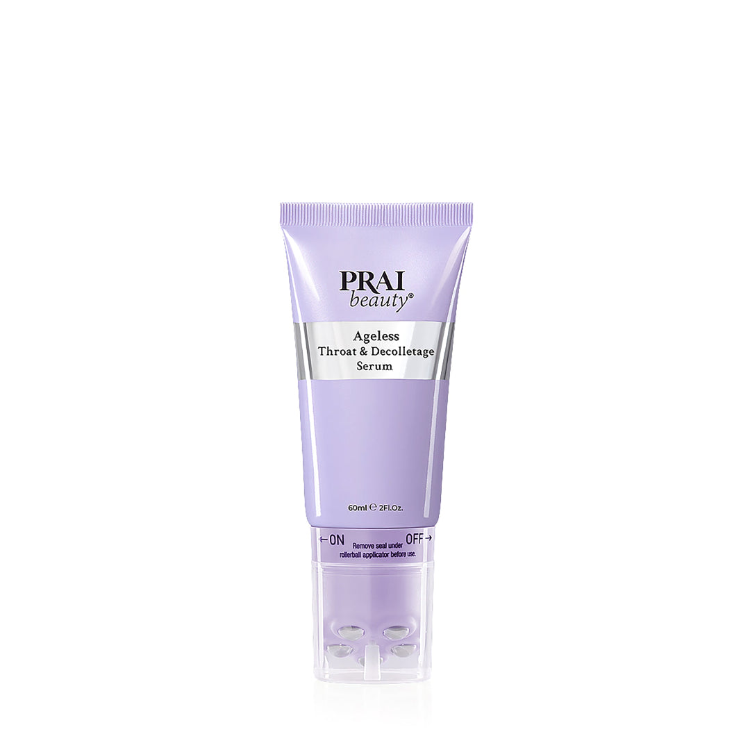Prai Beauty Ageless Throat & Decolletage Serum in a lavender purple squeeze tube with a clear cap, shown on a white background.