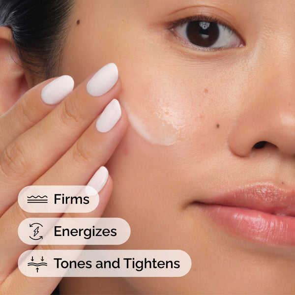 Close-up of a woman applying skincare product to her face with text indicating benefits.