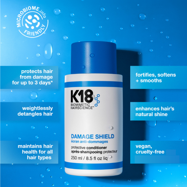 K18 hair care product on a blue background with text about its benefits.