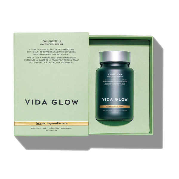 Vida Glow supplement bottle in a green box on a white background