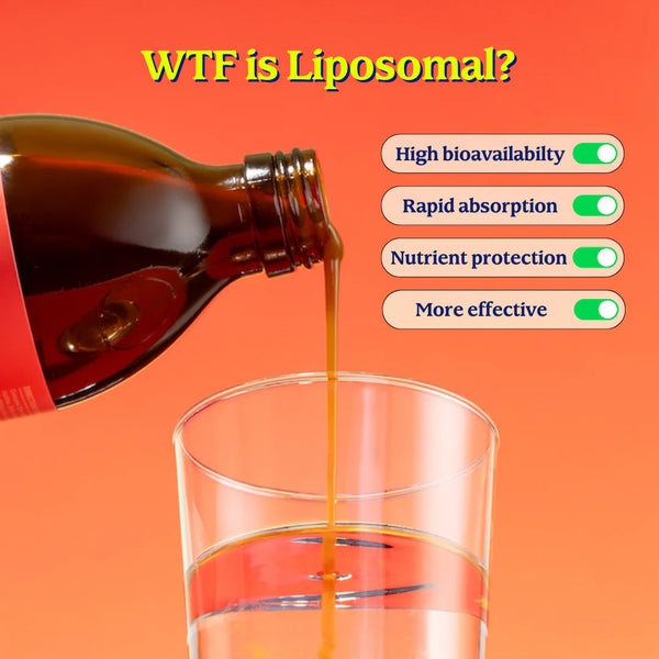 Liposomal product being poured into a glass with text explaining benefits on an orange background