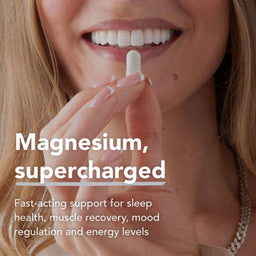 Woman applying a supplement to her lips with text about magnesium benefits.