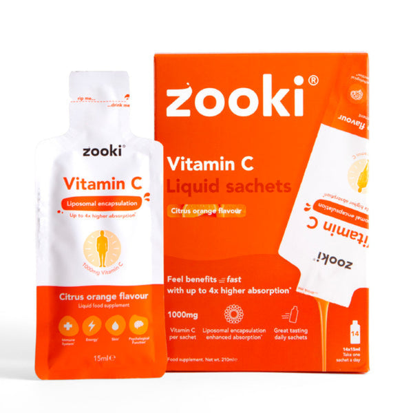 Zooki Vitamin C liquid sachets packaging on a white background