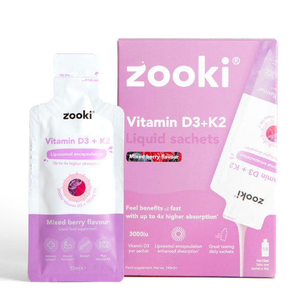 Zooki Vitamin D3+K2 liquid sachets packaging on a white background