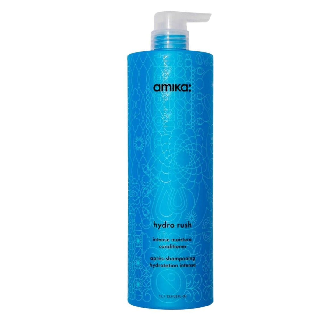 Blue bottle of amika hydro rush conditioner on a white background