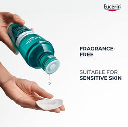 Eucerin bottle being poured onto a cotton pad with text indicating fragrance-free and suitable for sensitive skin.