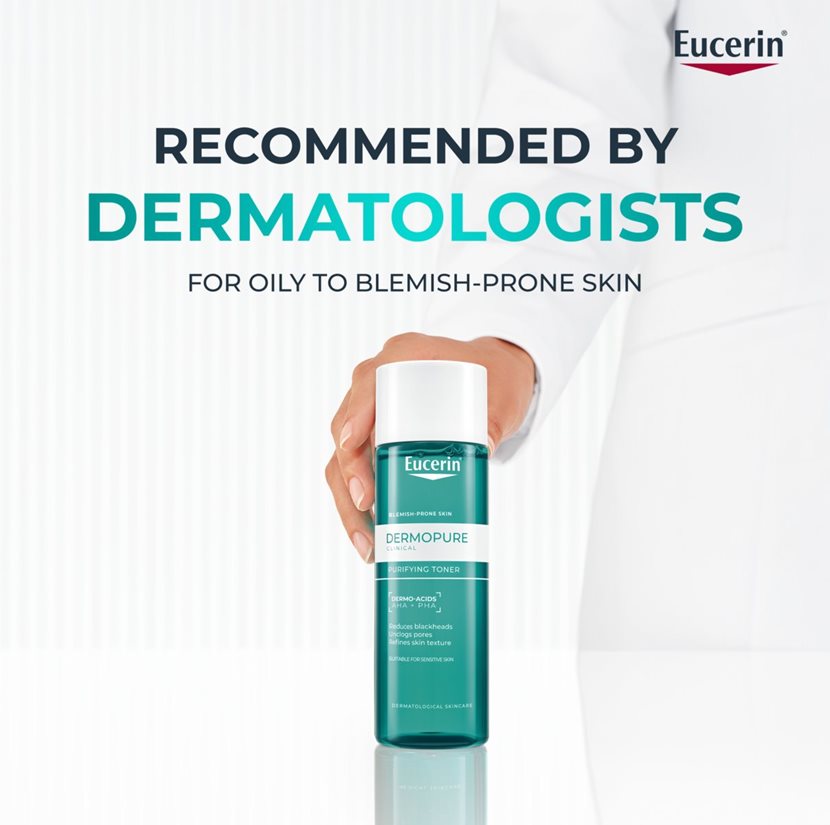 Eucerin Dermopure product held by a person with text about dermatologist recommendation on a white background