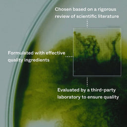 A close-up of a greenish-yellow liquid or gel sample inside a petri dish, with overlaid text reading 'Chosen based on a rigorous review of scientific literature,' 'Formulated with effective quality ingredients,' and 'Evaluated by a third-party laboratory to ensure quality,' plus a callout box pointing to a darker central area.