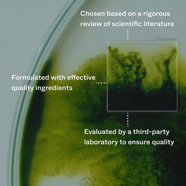 A close-up of a greenish-yellow liquid or gel sample inside a petri dish, with overlaid text reading 'Chosen based on a rigorous review of scientific literature,' 'Formulated with effective quality ingredients,' and 'Evaluated by a third-party laboratory to ensure quality,' plus a callout box pointing to a darker central area.