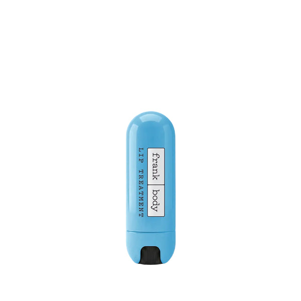 Blue lip balm with 'frank body' label on a white background