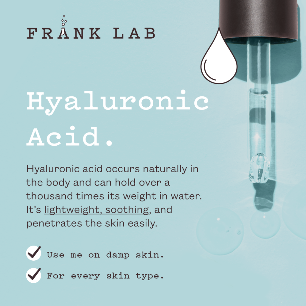 Frank Lab hyaluronic acid product with text on a light blue background