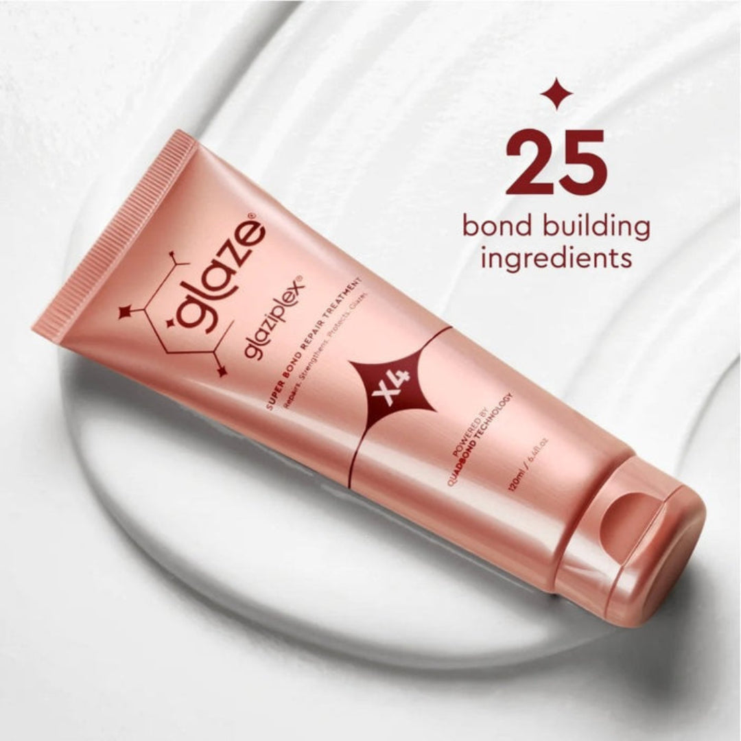 Pink tube of glazeplex hair product on a white background with text about bond building ingredients.