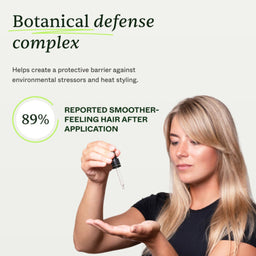 Woman holding a dropper with botanical defense complex and text about its benefits on a light background