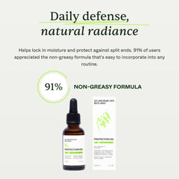 Bottle and packaging of a hair care product with text about daily defense and natural radiance.