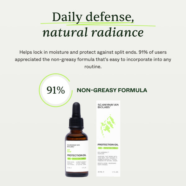 Bottle and packaging of a hair care product with text about daily defense and natural radiance.