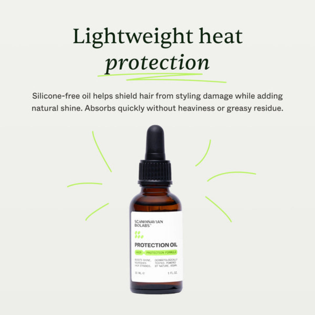 A bottle of Scandinavian Balmy Protection Oil centered on a light gray background with marketing text above reading 'Lightweight heat protection' and a description about silicone-free oil and shine. The product is an amber glass dropper bottle with a black cap and white label.
