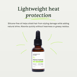 A bottle of Scandinavian Balmy Protection Oil centered on a light gray background with marketing text above reading 'Lightweight heat protection' and a description about silicone-free oil and shine. The product is an amber glass dropper bottle with a black cap and white label.