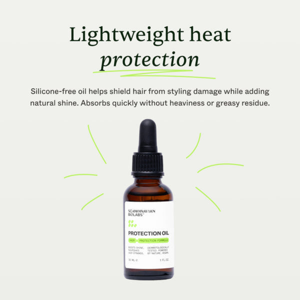 A bottle of Scandinavian Balmy Protection Oil centered on a light gray background with marketing text above reading 'Lightweight heat protection' and a description about silicone-free oil and shine. The product is an amber glass dropper bottle with a black cap and white label.