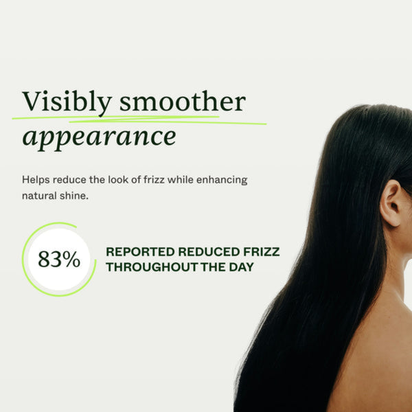 Promotional graphic with text reading 'Visibly smoother appearance' and '83% Reported Reduced Frizz Throughout the Day,' alongside a side profile of a woman with long, dark, shiny hair on a light beige background.