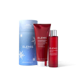 Elemis skincare products including a blue canister, red shower cream, and red bottle on a white background.