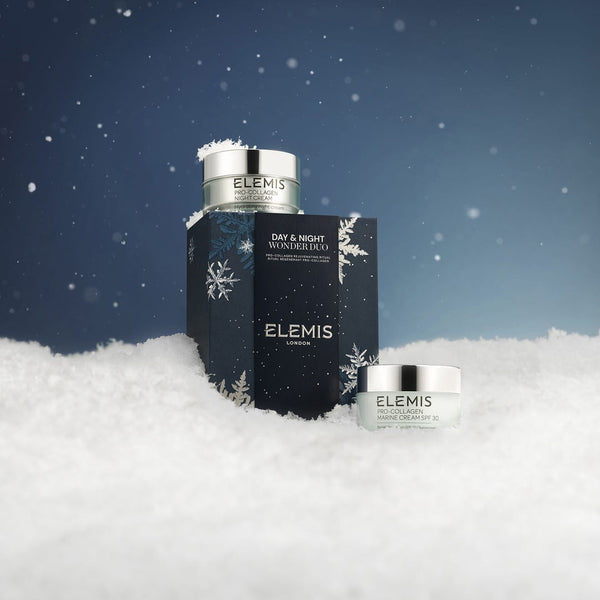 ELEMIS skincare products on a snowy background