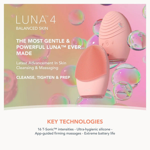 A promotional graphic for the LUNA 4 facial cleansing and massage device. The main product is shown in two views: a pink silicone scrubber head in the foreground and the full oval device in the background, set against a pink and peach gradient background with iridescent bubbles.