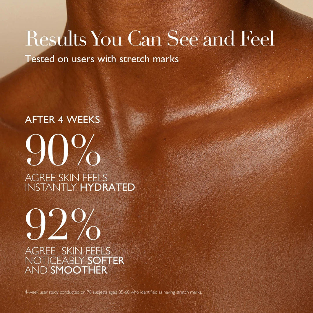 Advertisement for a skincare product showing results on skin with stretch marks.