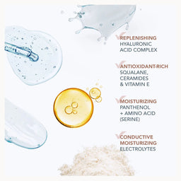 A skincare ingredient infographic on a white background, featuring text describing a replenishing hyaluronic acid complex, antioxidant-rich squalane, ceramides, vitamin E, moisturizing panthenol and amino acid (serine), and conductive moisturizing electrolytes, alongside visual elements of clear liquid droplets, a golden oil drop, and a pile of white powder.