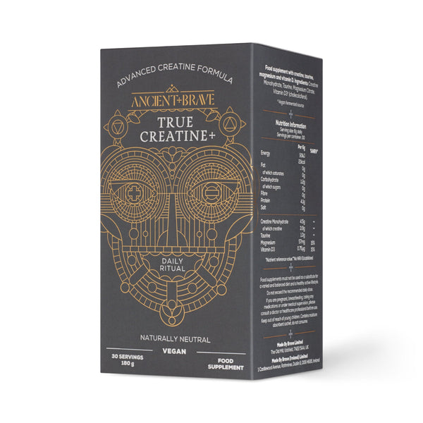 Ancient Brave True Creatine+ dietary supplement box in dark gray with gold geometric illustrations and text, shown on a white background.