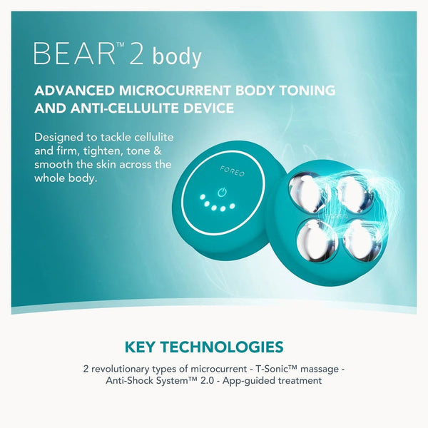 Promotional graphic for the BEAR 2 body device, showing a teal circular microcurrent body toning device with two visible electrode pads, set against a blue gradient background with product text and technology highlights.