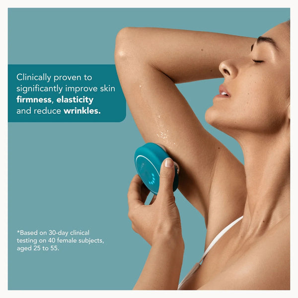 A woman with closed eyes holds a teal circular skincare device against her underarm, with text on a teal background stating it is clinically proven to improve skin firmness, elasticity, and reduce wrinkles.