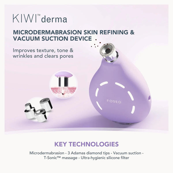 A promotional product graphic for the FOREO KIWI derma microdermabrasion skin refining and vacuum suction device. The main subject is a lavender-purple teardrop-shaped device with a metallic silver nozzle, shown alongside two interchangeable silver diamond tip heads.