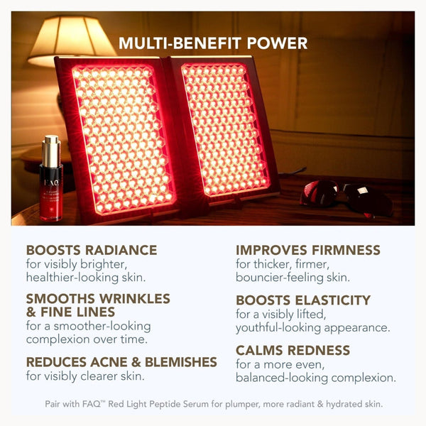 A promotional graphic for a red light therapy panel set in a warm, dimly lit room with a lamp and sunglasses. The panel glows with bright red light, and text overlays describe its multi-benefit powers, including boosting radiance, smoothing wrinkles, reducing acne, and calming redness.