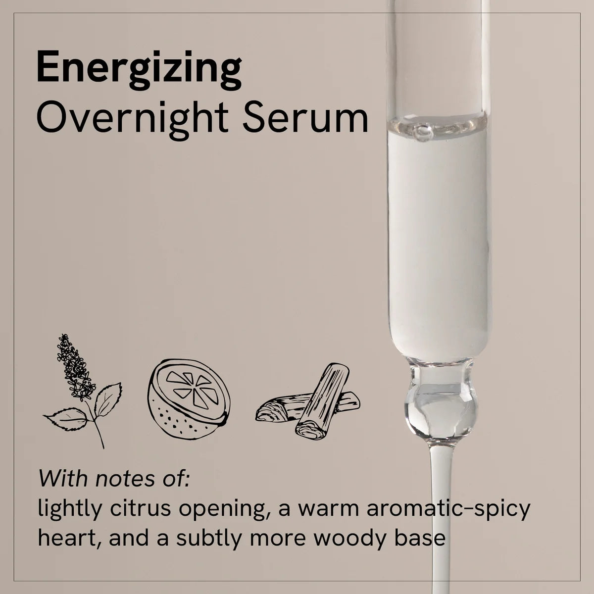 A product graphic for Energizing Overnight Serum on a warm beige background, featuring a close-up of a clear glass dropper bottle filled with white serum. Text describes the scent notes of lightly citrus opening, warm aromatic-spicy heart, and woody base, with simple line drawings of a rose, citrus slice, and cinnamon sticks.