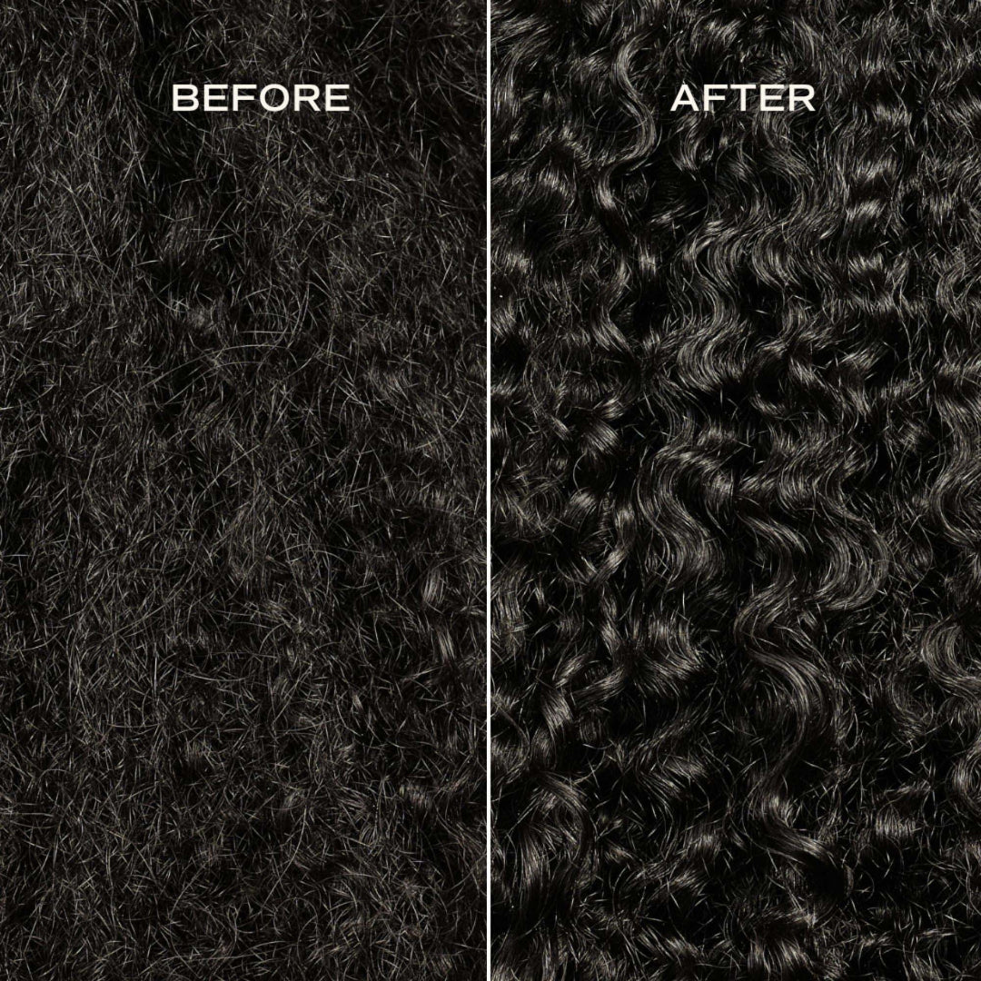 Comparison of curly hair texture labeled 'Before' and 'After'.