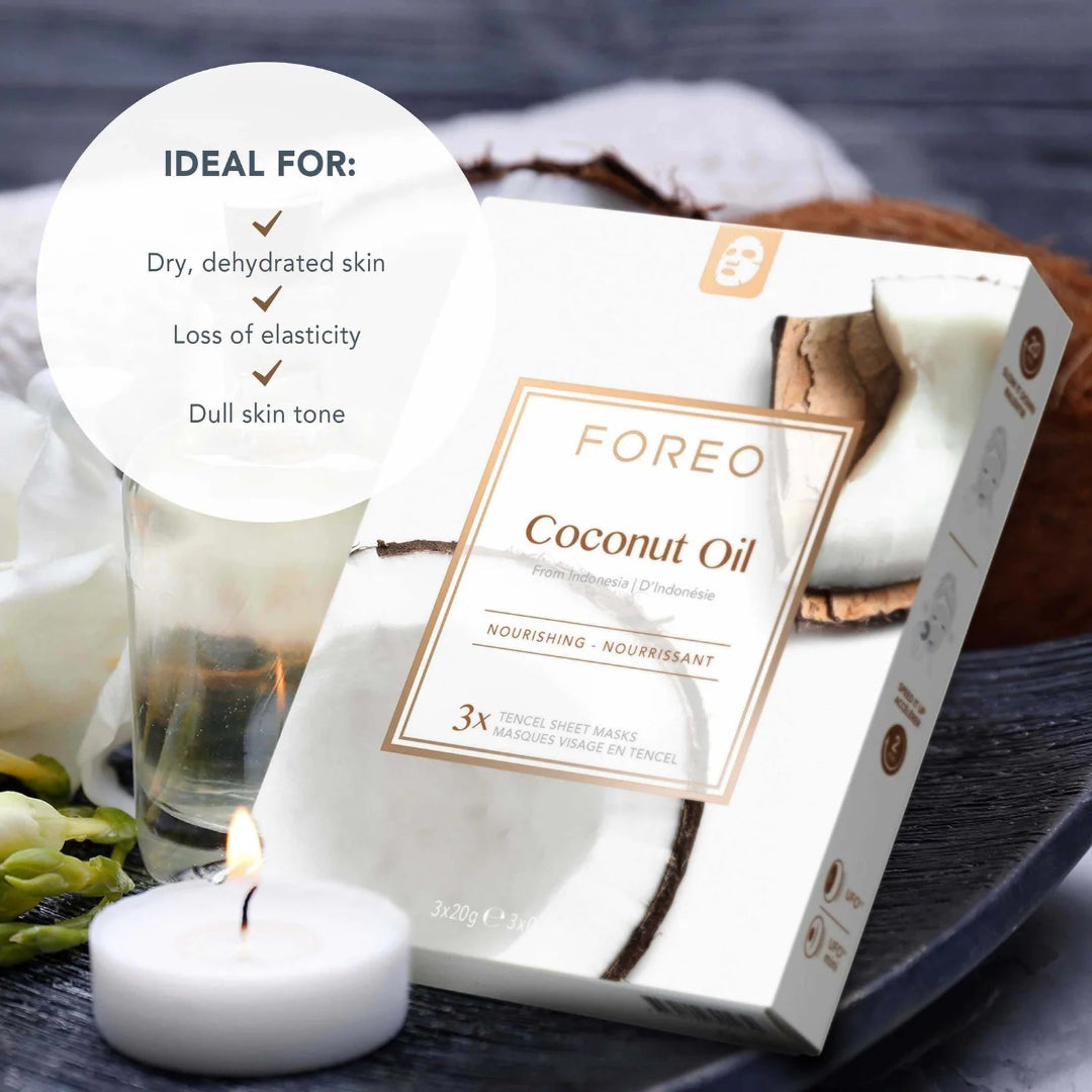 FOREEO Coconut Oil face sheet mask box displayed on a dark wooden tray with a lit candle, white flowers, and a glass of water. A white circular graphic overlay on the left lists the product's ideal conditions for dry, dehydrated skin.