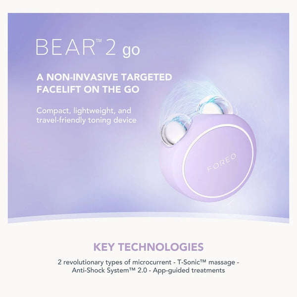 Promotional graphic for the FOREO BEAR 2 go facial toning device, showing a lavender wireless device with two clear charging contacts on a soft purple gradient background, with text describing key technologies and key features.
