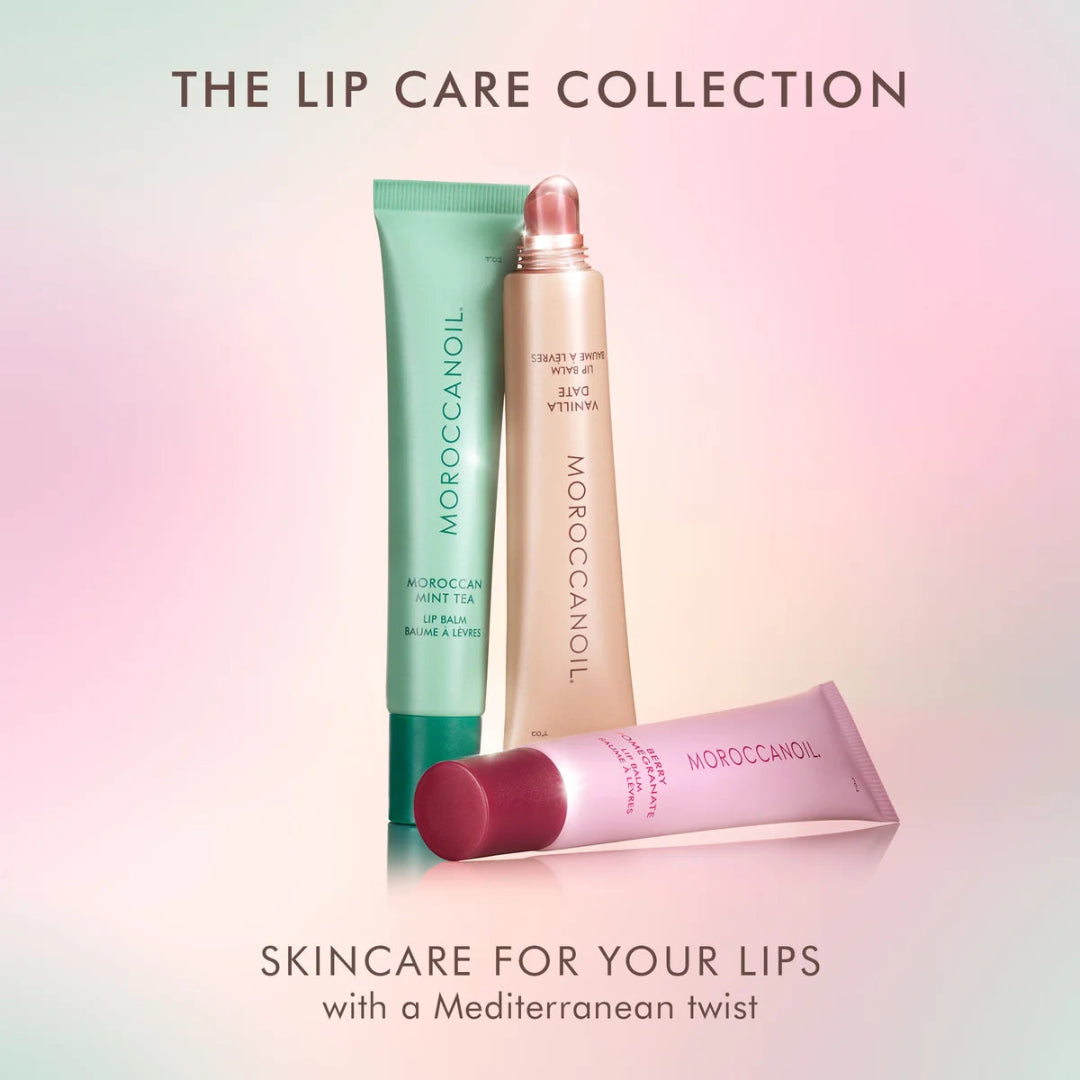 Moroccanoil lip care products on a gradient background with text 'The Lip Care Collection'.
