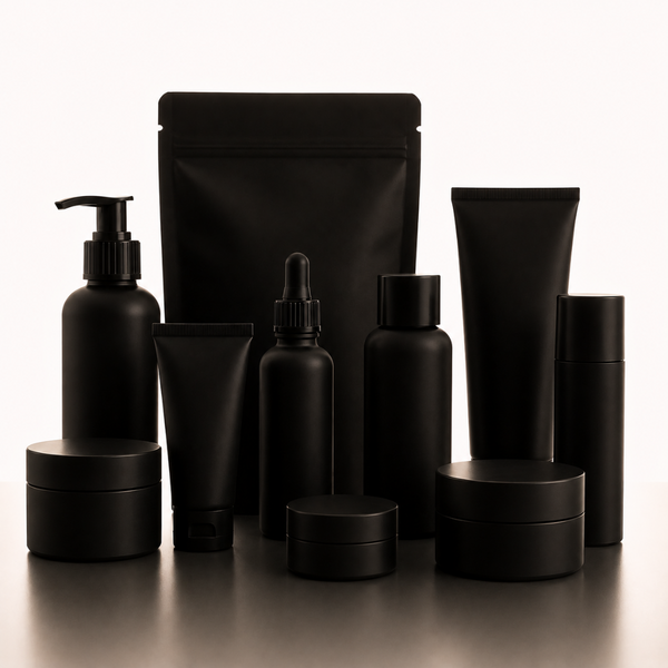 A set of matte black cosmetic and skincare containers, including pump bottles, dropper bottles, tubes, jars, and a stand-up pouch, arranged on a reflective surface against a clean white background.