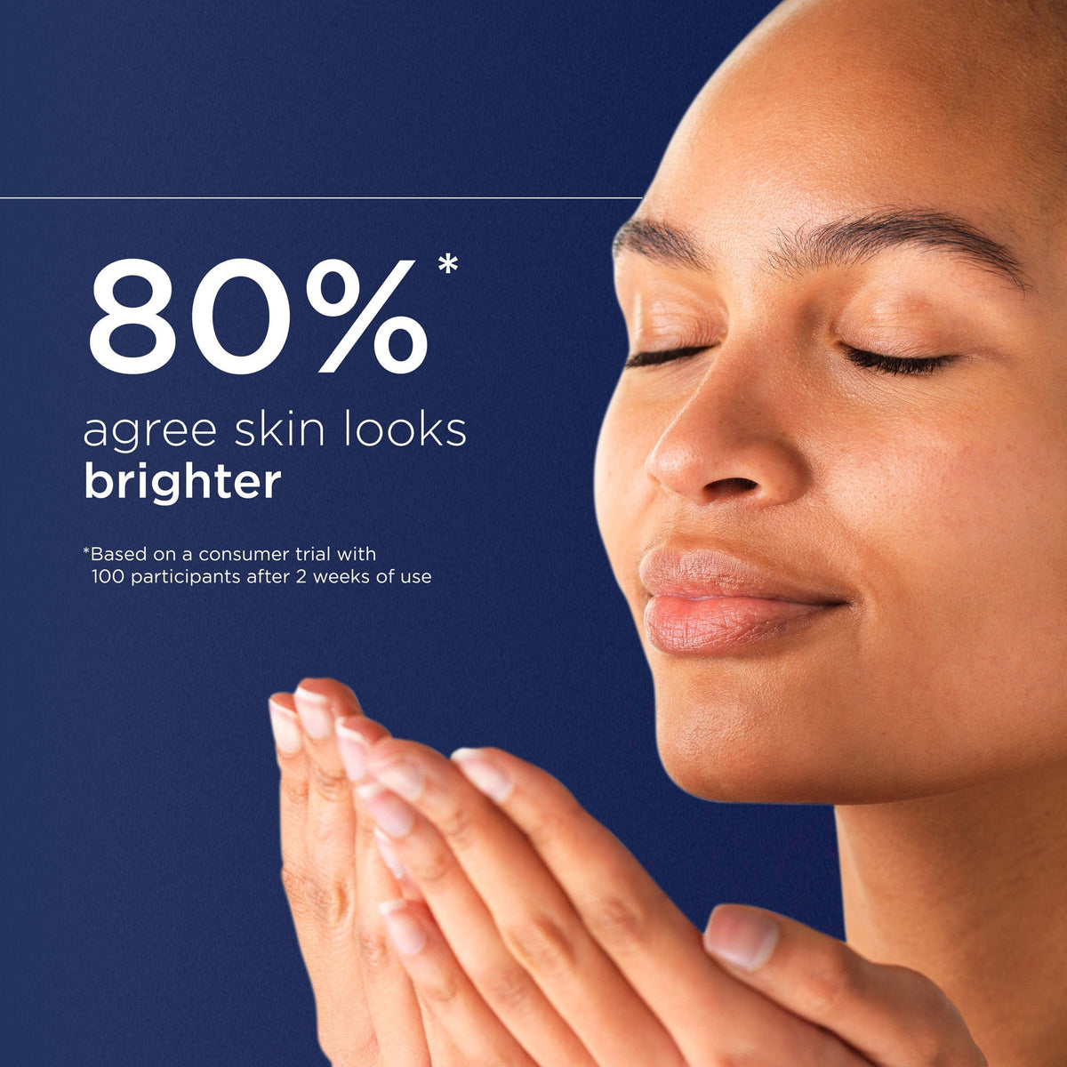 Woman with closed eyes and hands together against a blue background with skincare product text.