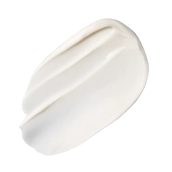 A thick, creamy white cosmetic smear, likely a moisturizer or cream, swirled on a clean white background with a soft drop shadow.