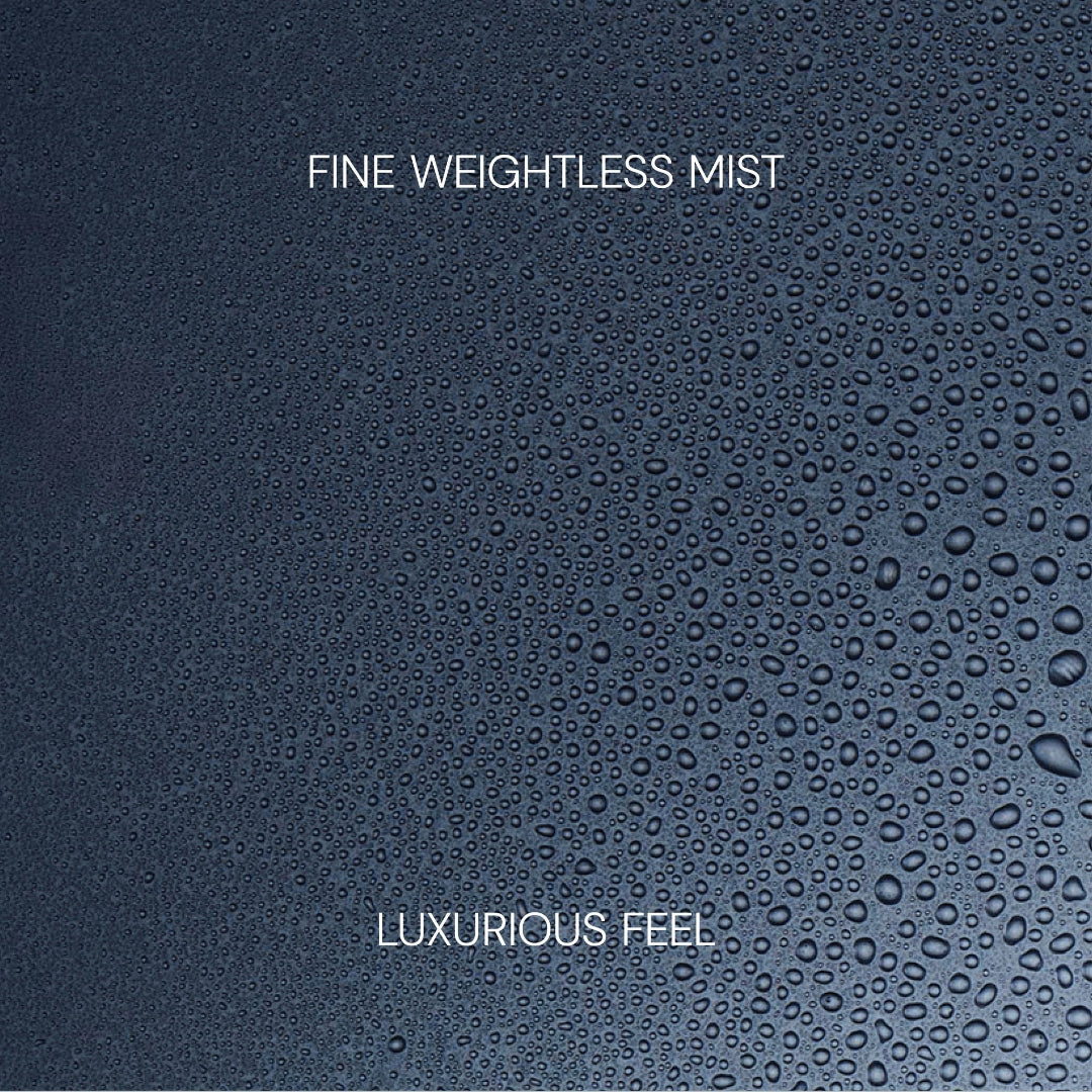 Textured dark blue surface with water droplets and text 'FINE WEIGHTLESS MIST' and 'LUXURIOUS FEEL'.