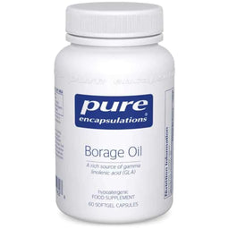 A white plastic bottle of Pure Encapsulations Borage Oil food supplement, featuring a blue and white label, on a clean white background.
