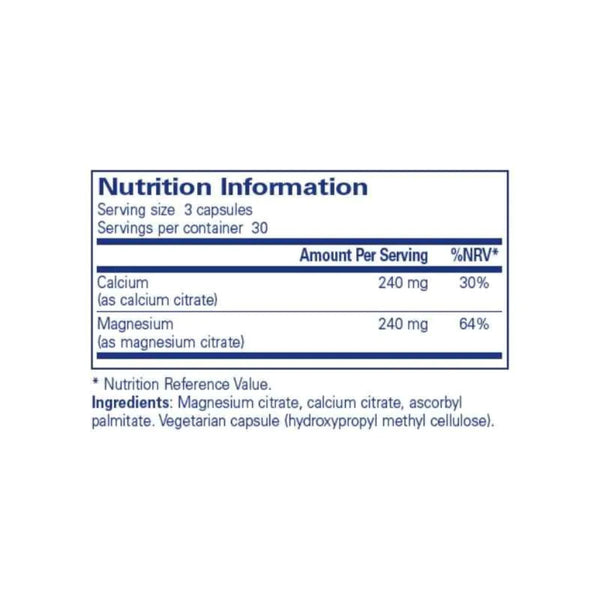 A Nutrition Information label on a white background, showing serving size 3 capsules and a table with calcium 240 mg (30%) and magnesium 240 mg (64%) per serving.