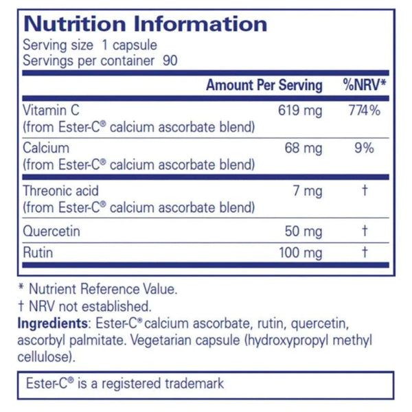 A Nutrition Information label for Ester-C calcium ascorbate, showing serving size, calories, vitamin C, calcium, threonine, quercetin, and rutin amounts with %NRV values, plus ingredients listed at the bottom.