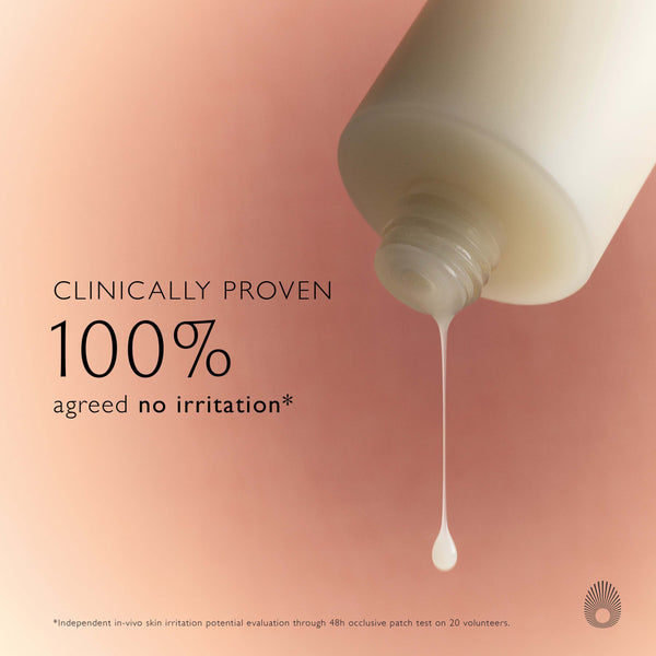 Cosmetic bottle with cream dripping against a pink background, featuring text about clinical proven effectiveness.