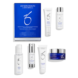ZO Skin Health skincare products including a blue box, bottles, and jars on a white background.