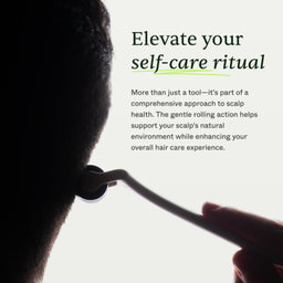 Person using a hair roller on their scalp with text about self-care rituals.