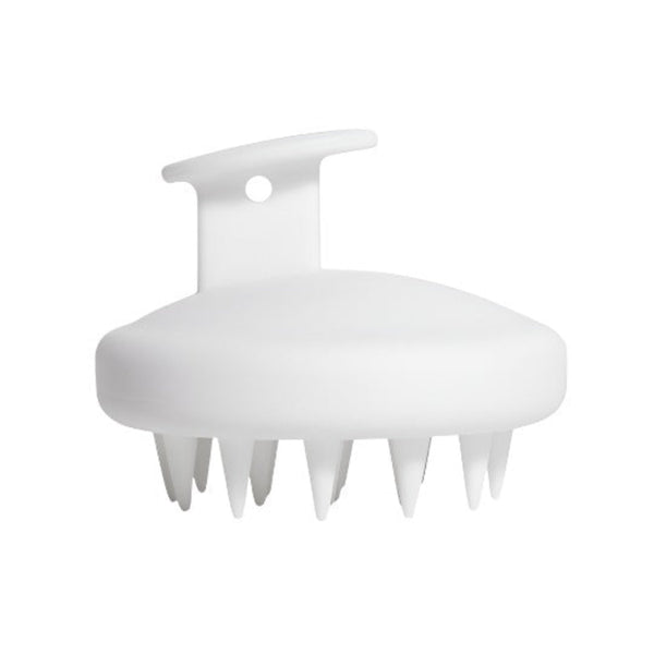 A white silicone scalp massager with a rounded head, short spiky teeth, and a curved handle with a small hanging hole, shown on a plain white background.
