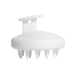 A white silicone scalp massager with a rounded head, short spiky teeth, and a curved handle with a small hanging hole, shown on a plain white background.